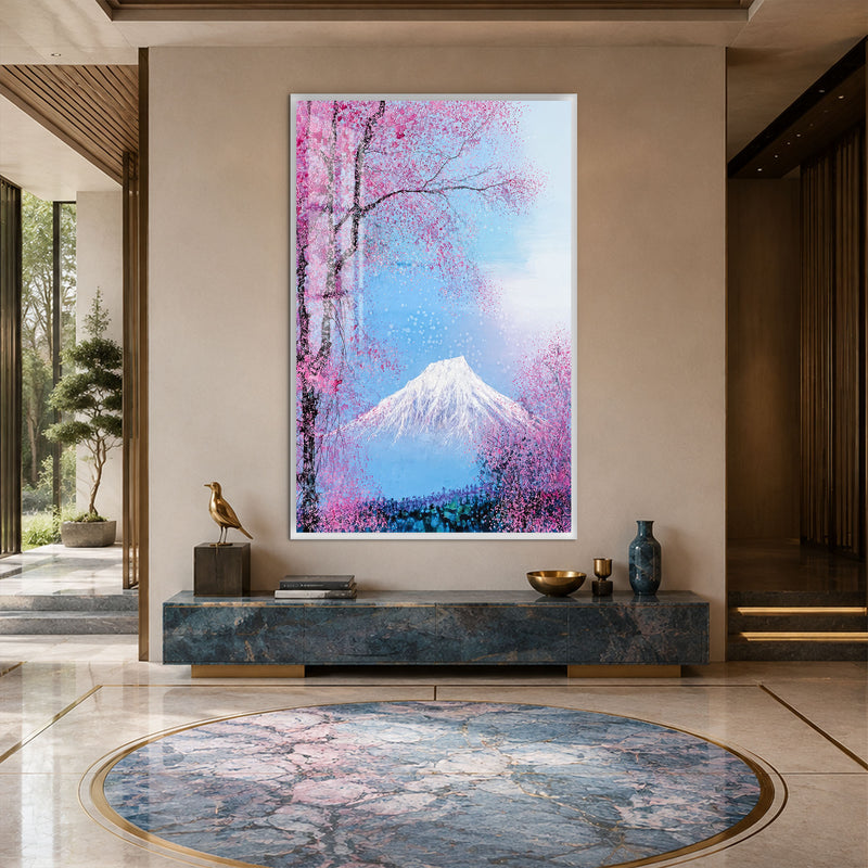 Fuji Dağı ve Sakura Ağaçları Cam Tablo – Beyaz Çerçeveli Cam Tablo
