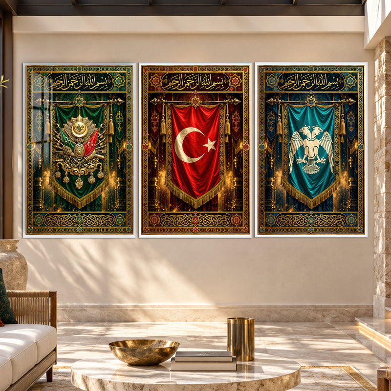 Osmanlı Sancak Üçlüsü Üçlü Cam Tablo – Beyaz Çerçeveli
