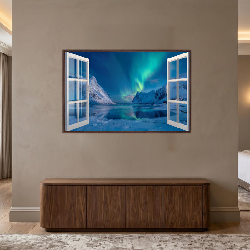 Kuzey Işıkları Aurora Cam Tablo – Ceviz Çerçeveli Cam Tablo