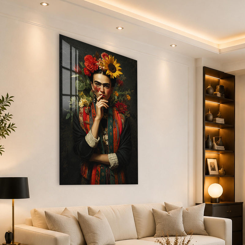 Ayçiçekleriyle Frida Kahlo Portresi Cam Tablo – Cam Tablo