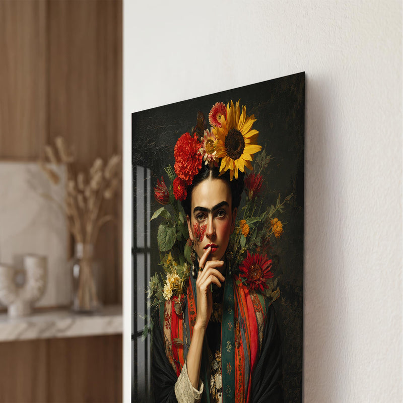 Ayçiçekleriyle Frida Kahlo Portresi Cam Tablo – Cam Tablo