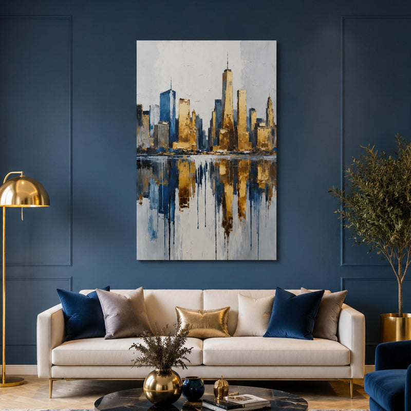Altın Lacivert New York Skyline Cam Tablo – Cam Tablo