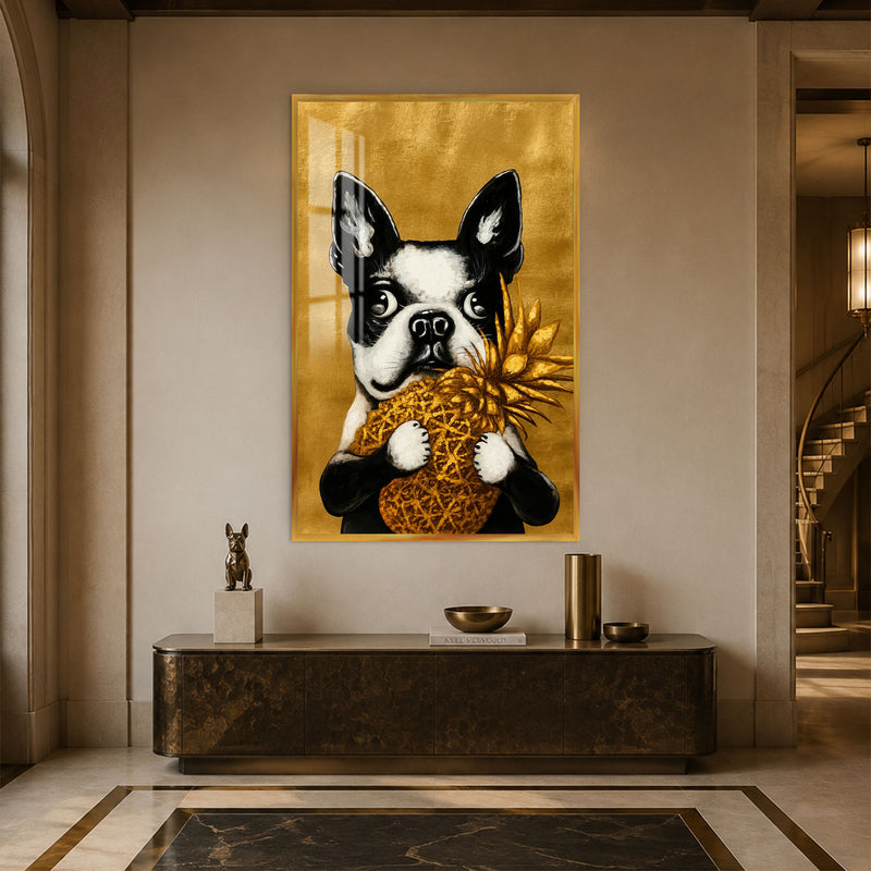 Ananaslı Boston Terrier Cam Tablo – Altın Çerçeveli Cam Tablo