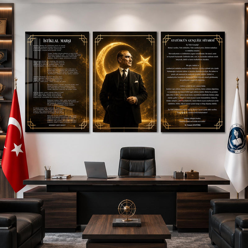 Atatürk Köşesi Üçlü Cam Tablo Seti — Hilal Yıldız Lacivert