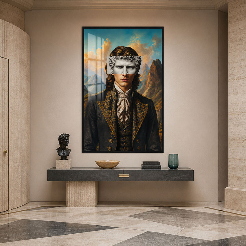 Dağ Manzaralı Maskeli Dandy Cam Tablo – Siyah Çerçeveli Cam Tablo