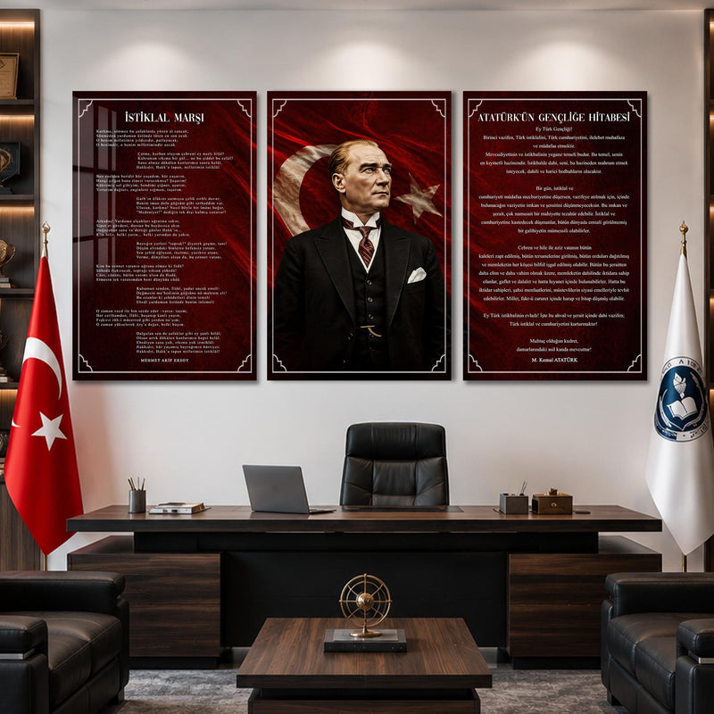 Atatürk Köşesi Üçlü Cam Tablo Seti — Kızıl Bayraklı