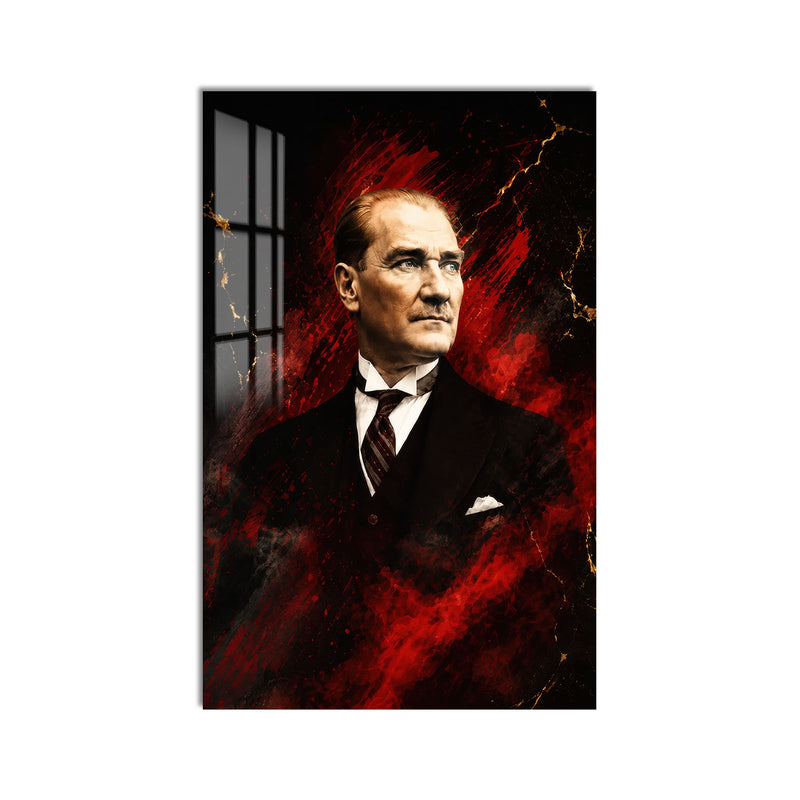 Kızıl Zeminde Atatürk Cam Tablo