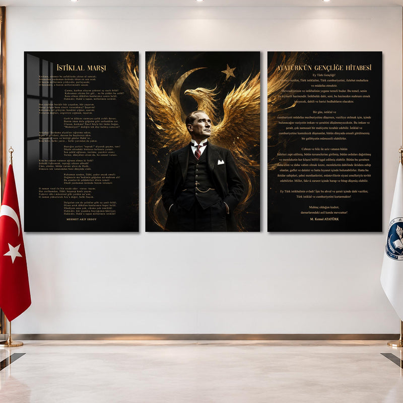 Atatürk Köşesi Üçlü Cam Tablo Seti — Kartal Kanatlı Altın