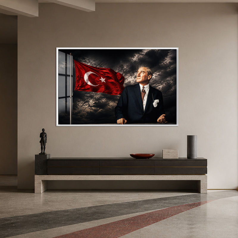 Fırtınalı Gökte Atatürk Cam Tablo – Beyaz Çerçeveli