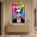 Renkli Gözlüklü Frida Kahlo Pop Art Cam Tablo – Siyah Çerçeveli Cam Tablo