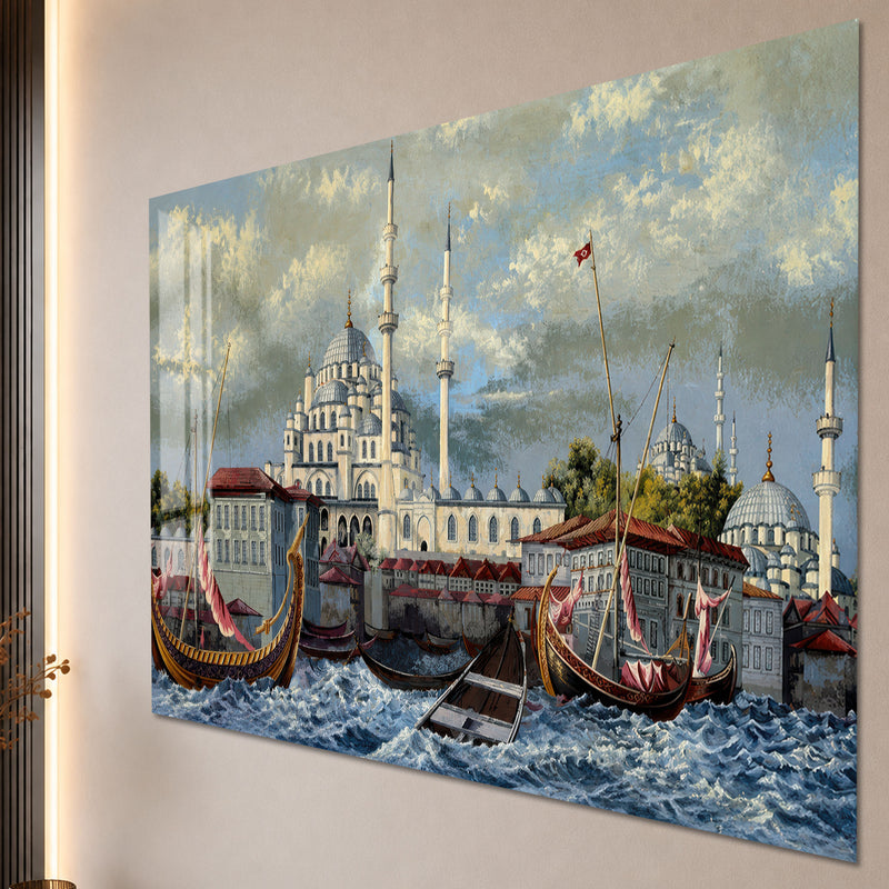 Boğaz'da Camii ve Kayıklar Cam Tablo – Cam Tablo