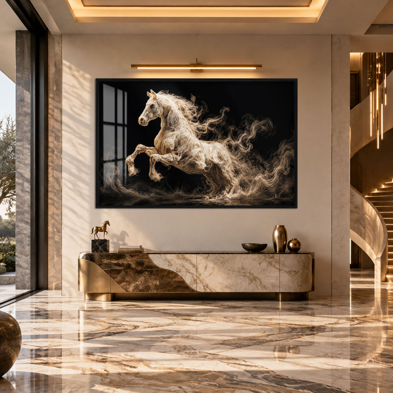 Dumanlı Beyaz At Cam Tablo – Siyah Çerçeveli Cam Tablo