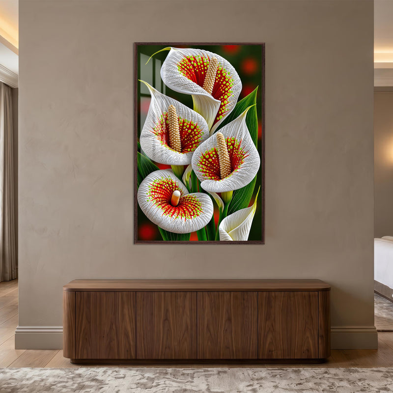Beyaz Calla Lily Cam Tablo – Ceviz Çerçeveli Cam Tablo