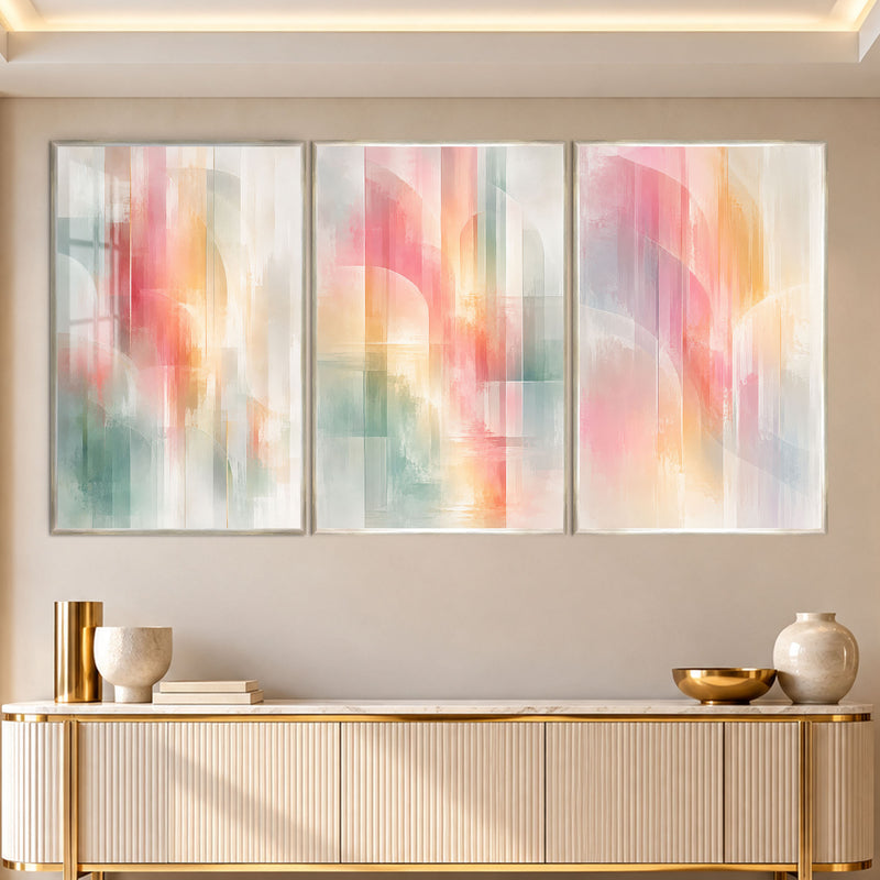 Pastel Akuarel Kemer Üçlü Cam Tablo – Gümüş Çerçeveli