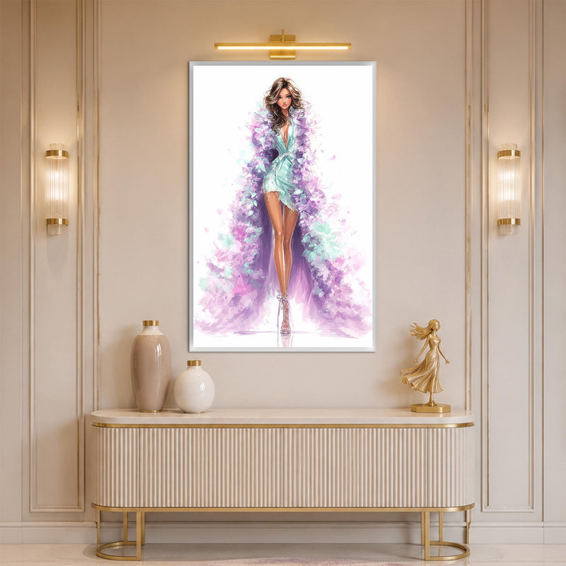 Lavanta ve Mint Tonlarında Moda İllüstrasyonu Cam Tablo – Beyaz Çerçeveli Cam Tablo