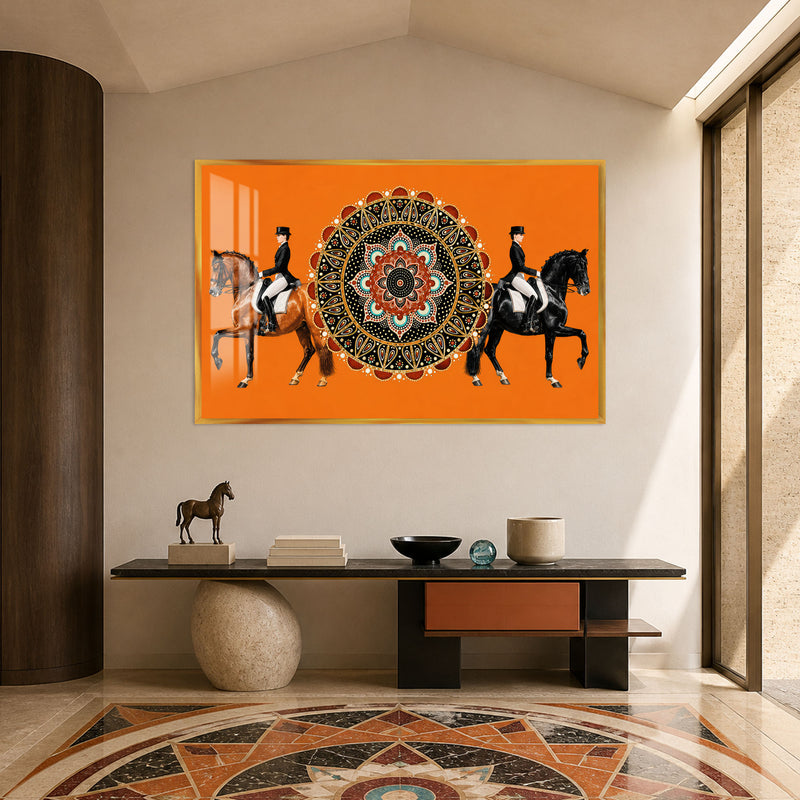 Mandala Önünde Atlı Çift Cam Tablo – Altın Çerçeveli Cam Tablo