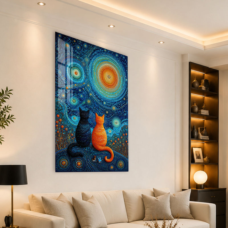 Yıldızlı Gecede İki Kedi Cam Tablo – Cam Tablo