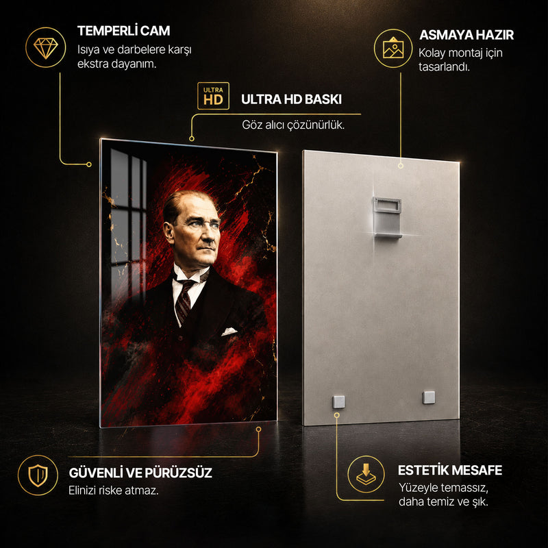 Kızıl Zeminde Atatürk Cam Tablo