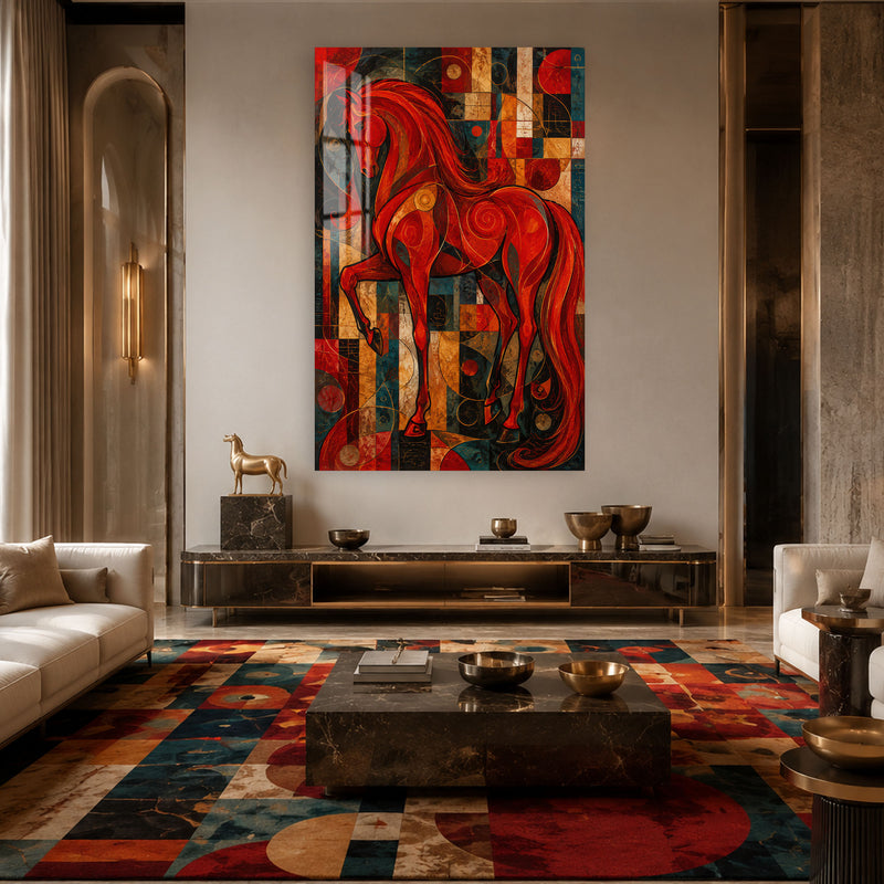 Geometrik Zeminde Kırmızı At Cam Tablo – Cam Tablo