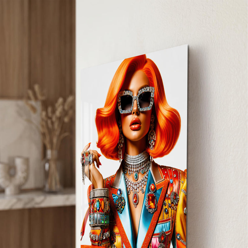 Turuncu Saçlı Çantalı Moda Kadını Cam Tablo – Cam Tablo