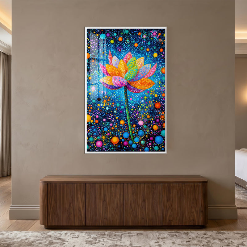 Noktalı Lotus Çiçeği Cam Tablo – Beyaz Çerçeveli Cam Tablo