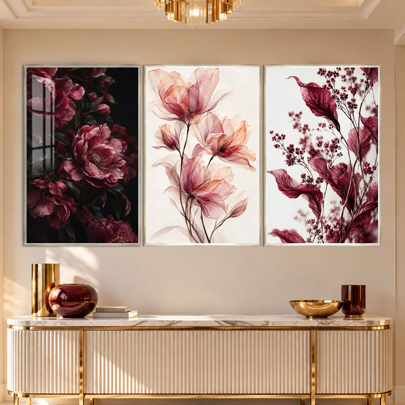 Bordo Pembe Çiçek Demeti Üçlü Cam Tablo – Gümüş Çerçeveli