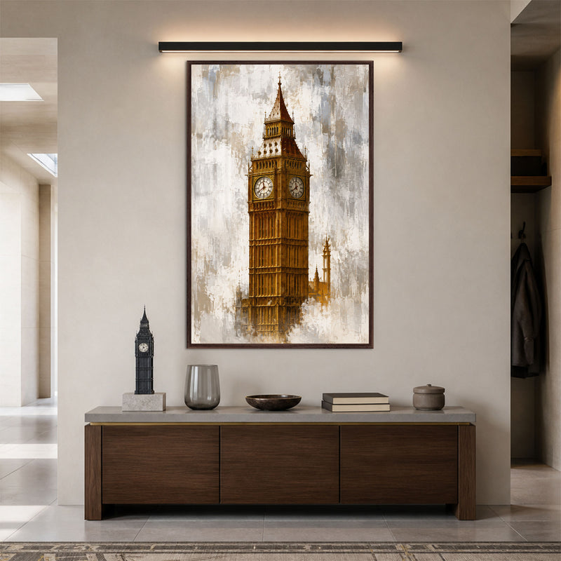 Altın Saatli Londra Kulesi Cam Tablo – Ceviz Çerçeveli Cam Tablo