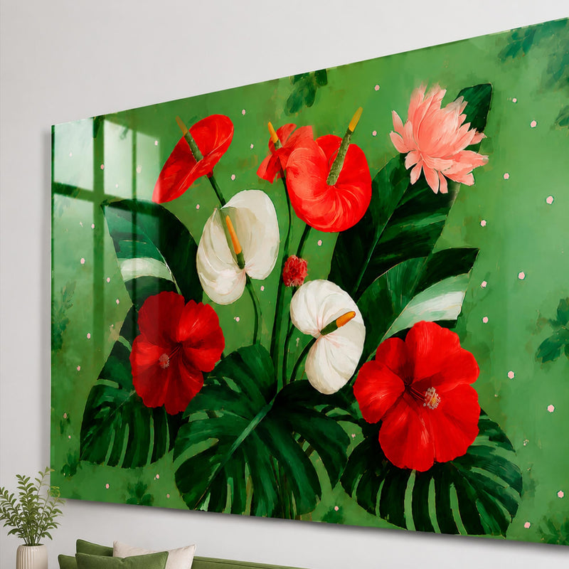 Tropikal Anturyum Monstera Cam Tablo – Cam Tablo