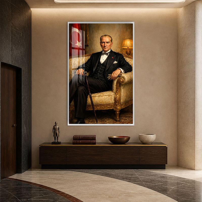 Koltukta Atatürk Cam Tablo – Beyaz Çerçeveli