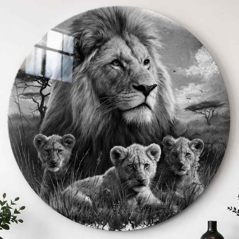 Aslan ve Yavruları Siyah Beyaz Cam Tablo – Cam Tablo
