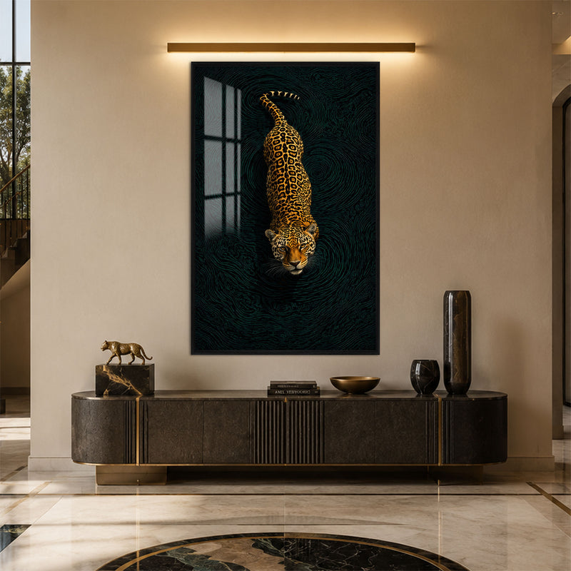 Karanlıkta Leopar Cam Tablo – Siyah Çerçeveli Cam Tablo