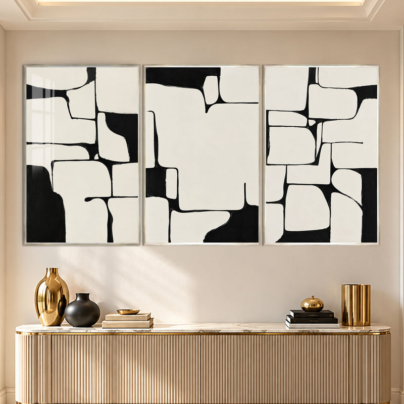 Siyah Krem Soyut Puzzle Üçlü Cam Tablo – Gümüş Çerçeveli