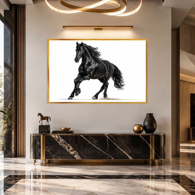 Beyaz Fonda Siyah At Cam Tablo – Altın Çerçeveli Cam Tablo
