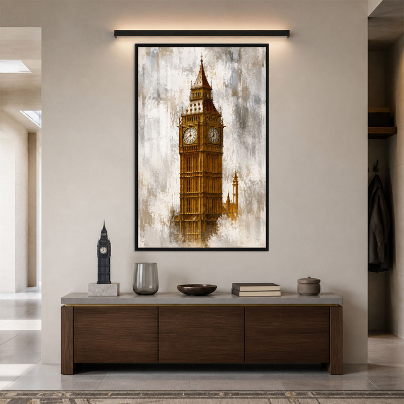 Altın Saatli Londra Kulesi Cam Tablo – Siyah Çerçeveli Cam Tablo