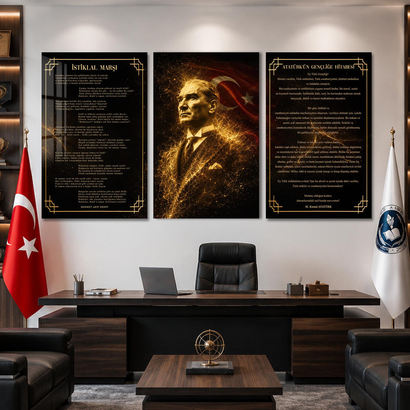 Atatürk Köşesi Üçlü Cam Tablo Seti — Altın Parçacıklı Bayraklı