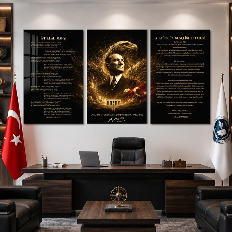 Atatürk Köşesi Üçlü Cam Tablo Seti — Altın Kartal Kanatlı Anıtkabir