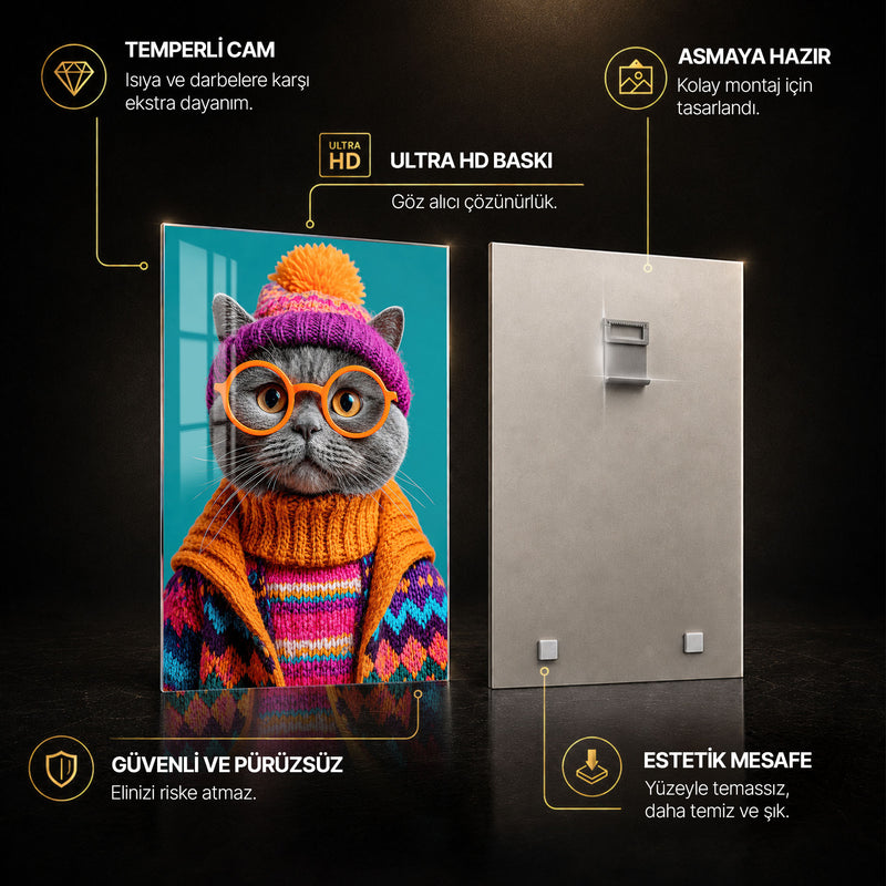 Bere Takan Gri Kedi Cam Tablo – Cam Tablo