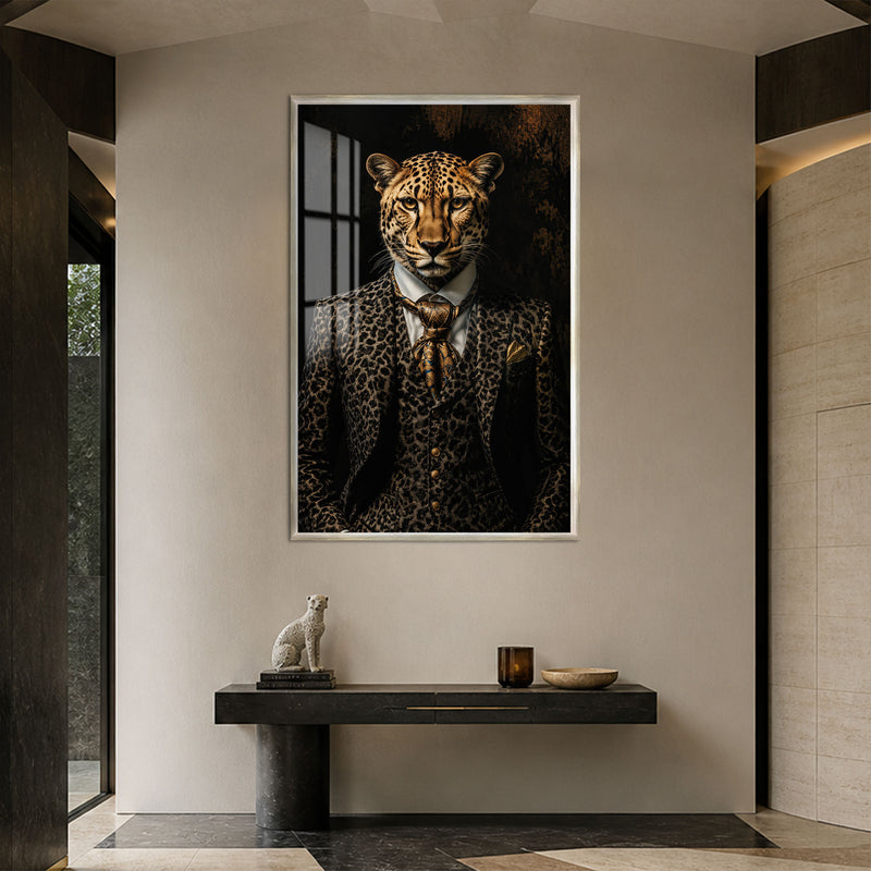 Takım Elbiseli Leopar Beyefendi Cam Tablo – Gümüş Çerçeveli Cam Tablo
