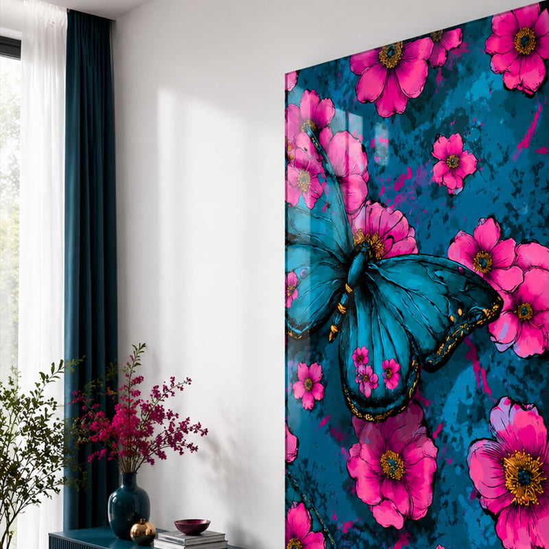 Mavi Kelebek Pembe Çiçek Cam Tablo – Cam Tablo