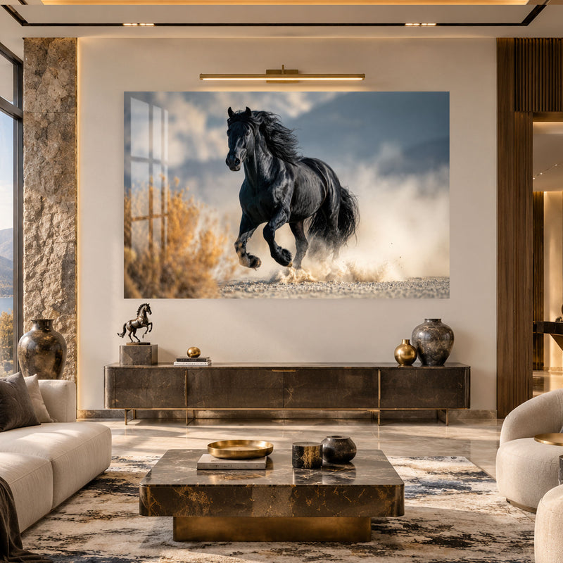 Toz İçinde Koşan Siyah At Cam Tablo – Cam Tablo