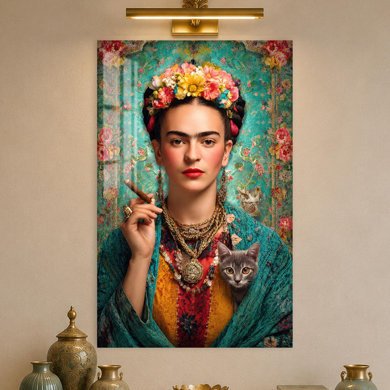 Kedili ve Purolu Frida Kahlo Cam Tablo – Cam Tablo