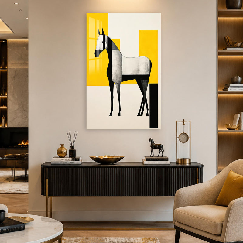 Sarı Geometride Gümüş At Cam Tablo – Cam Tablo