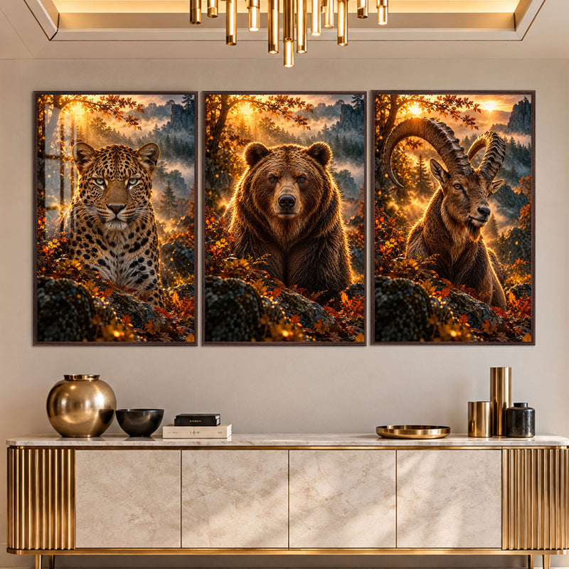 Leopar, Ayı ve Dağ Keçisi Üçlü Cam Tablo – Ceviz Çerçeveli