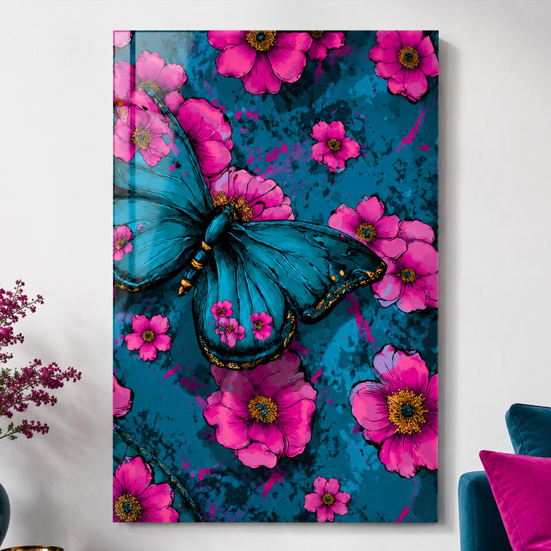 Mavi Kelebek Pembe Çiçek Cam Tablo – Cam Tablo