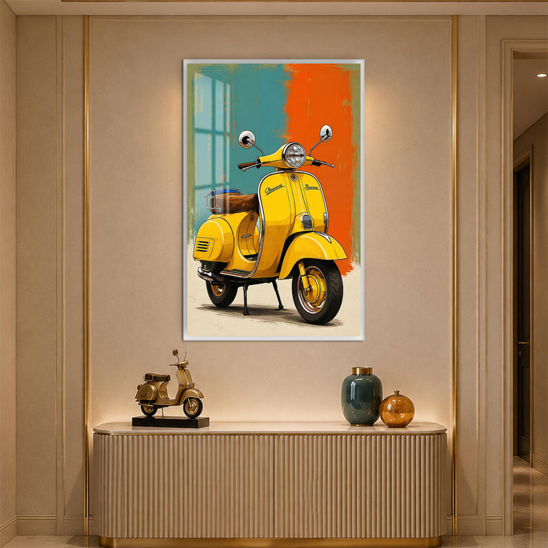 Turkuaz Turuncu Zeminde Sarı Vespa Cam Tablo – Beyaz Çerçeveli Cam Tablo