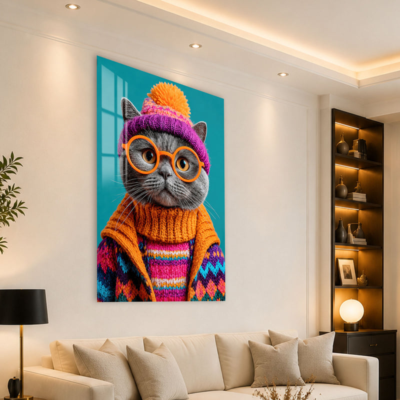Bere Takan Gri Kedi Cam Tablo – Cam Tablo