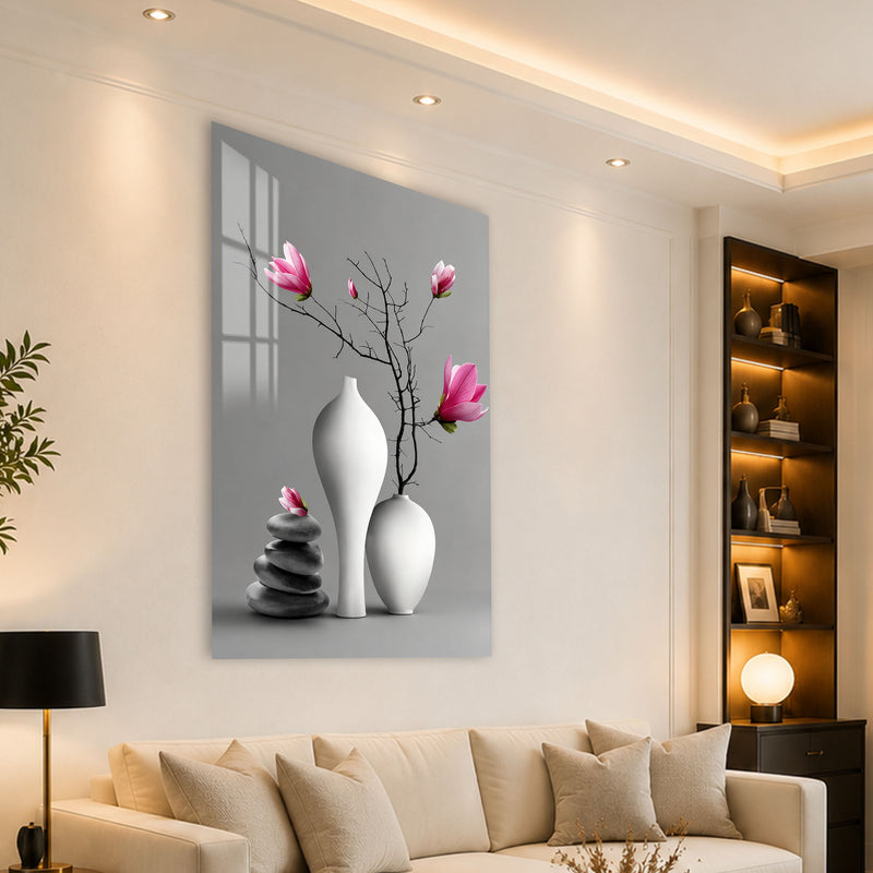 Gri Sessizlikte Pembe Manolyalar Cam Tablo – Cam Tablo