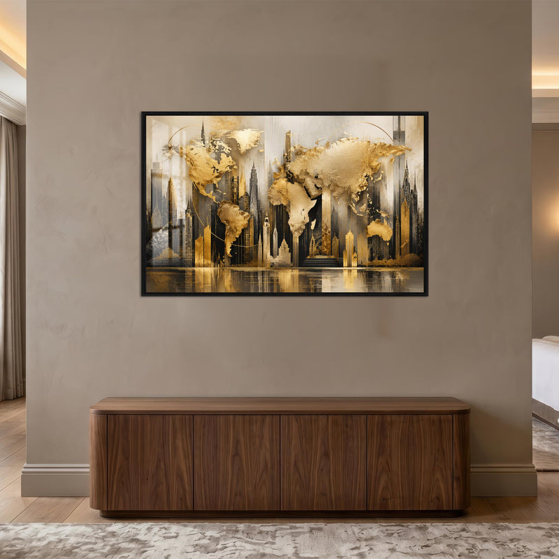 Art Deco Altın Metropol Dünya Haritası Cam Tablo – Siyah Çerçeveli