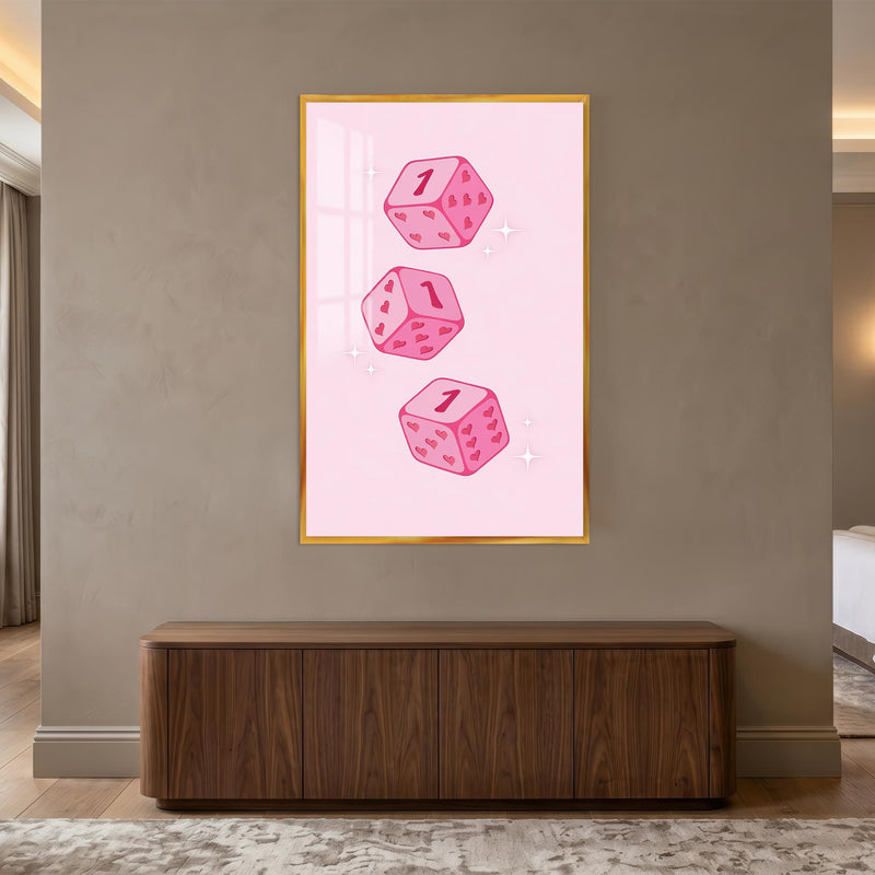 Pembe Şans Zarları Cam Tablo – Altın Çerçeveli Cam Tablo