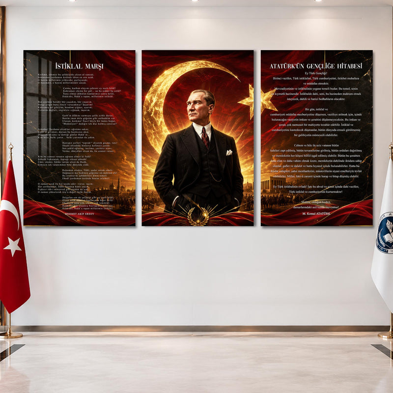 Atatürk Köşesi Üçlü Cam Tablo Seti — Kızıl Hilal Zafer Çelenkli
